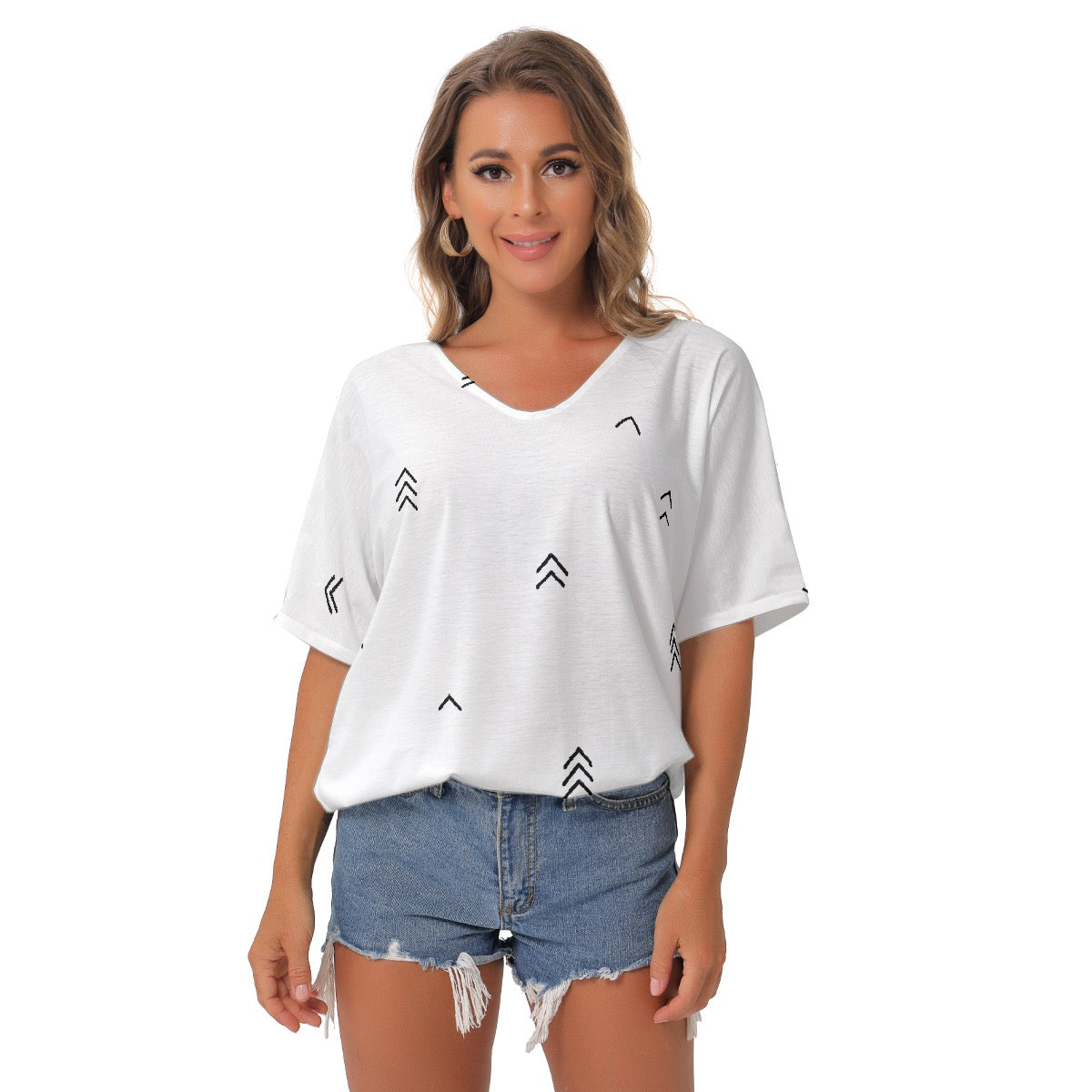 All-Over Print Women's Bat Sleeves V-Neck Blouse