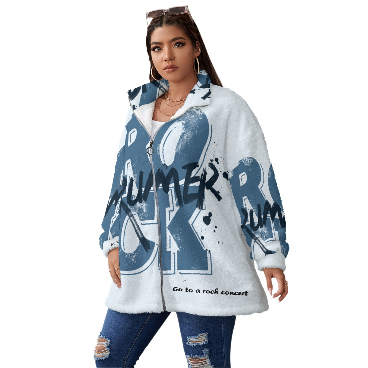 All-Over Print Unisex Borg Fleece Stand-up Collar Coat With Zipper Closure(Plus Size)