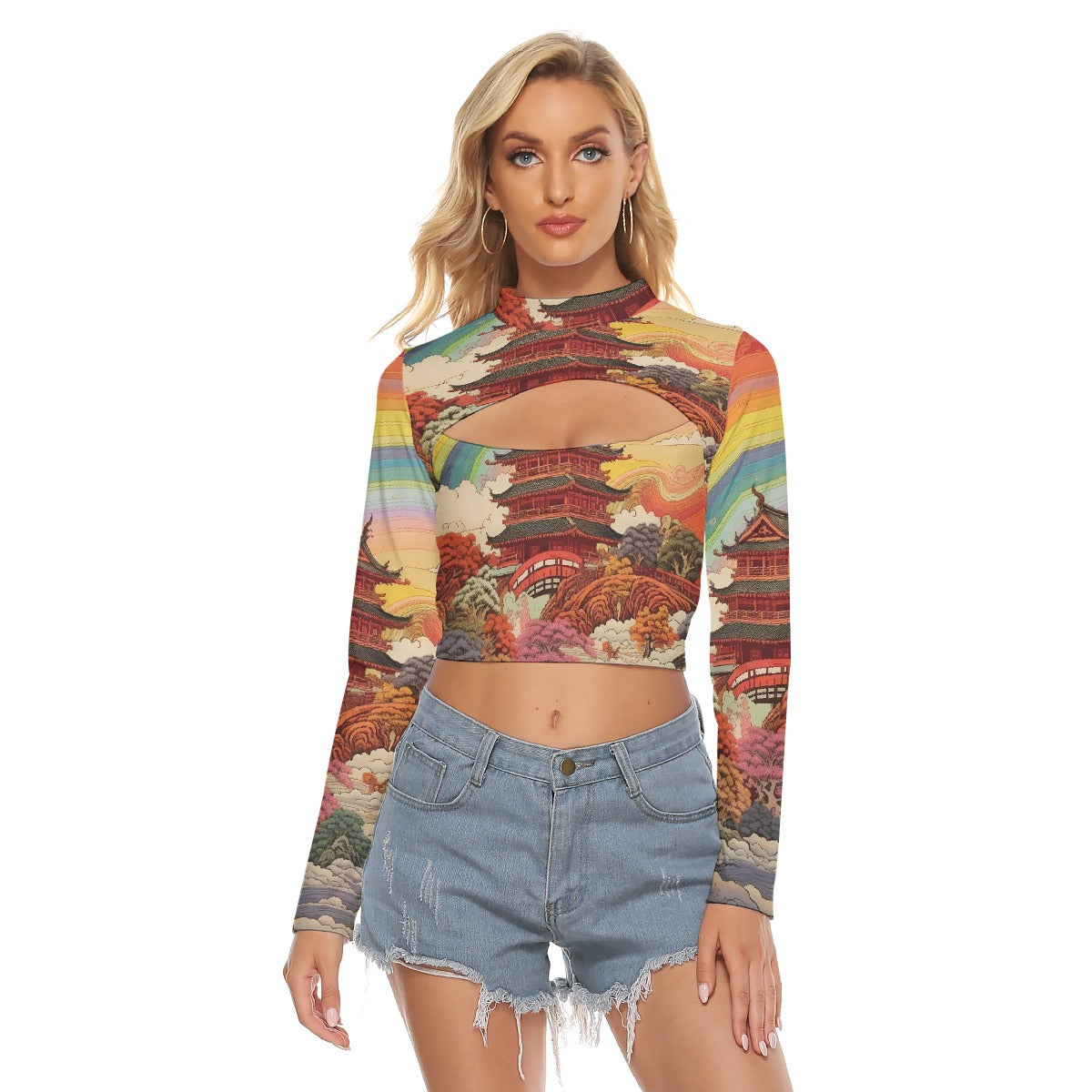 All-Over Print Women's Hollow Chest Keyhole Tight Crop Top