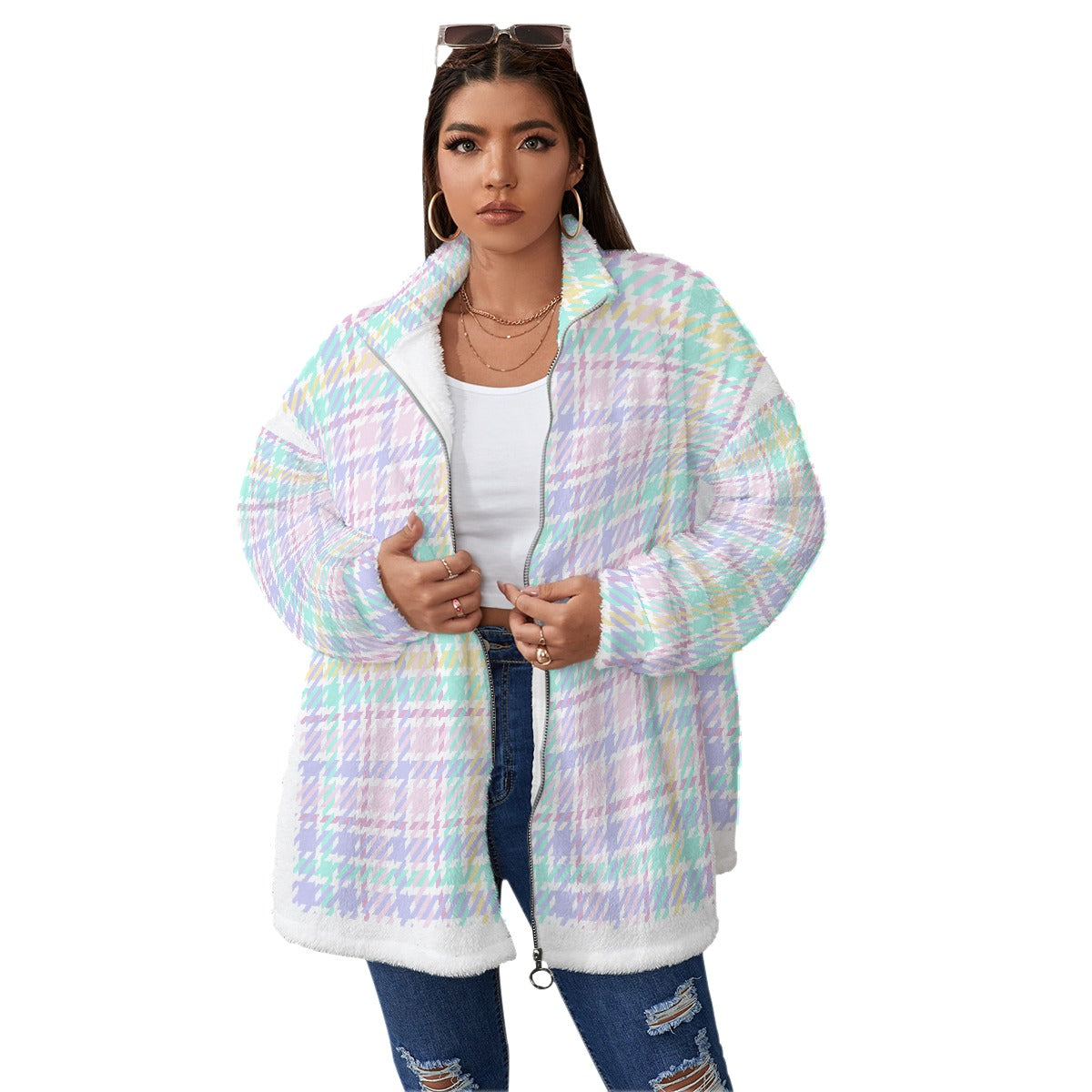 All-Over Print Unisex Borg Fleece Stand-up Collar Coat With Zipper Closure(Plus Size)