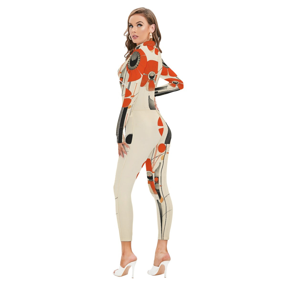All-Over Print Women's Long-sleeved High-neck Jumpsuit With Zipper