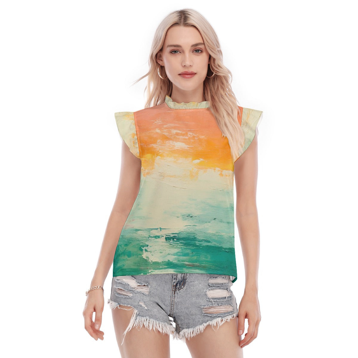 All-Over Print Women's Blouse With Ruffle Collar And Sleeve