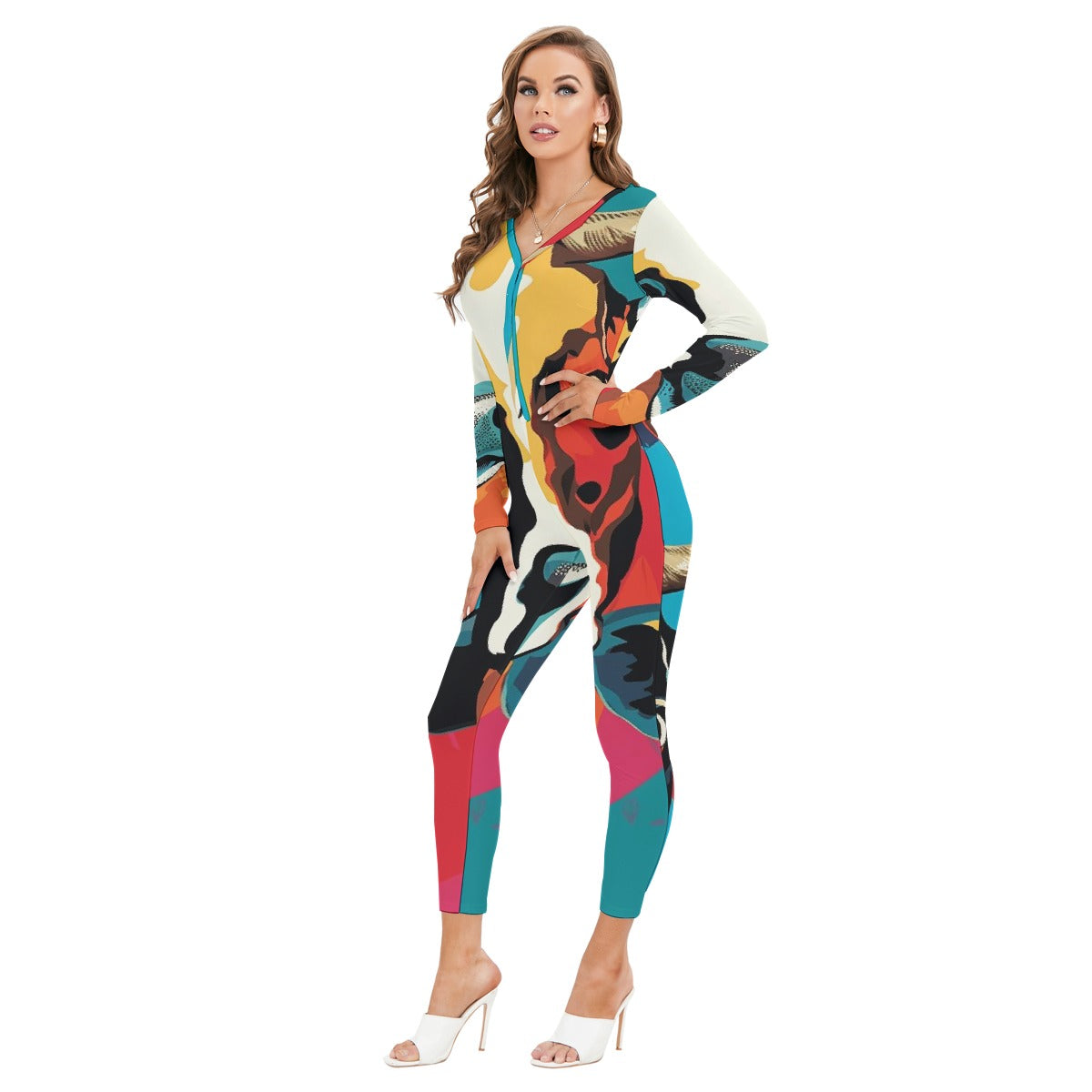 All-Over Print Women's Plunging Neck Jumpsuit