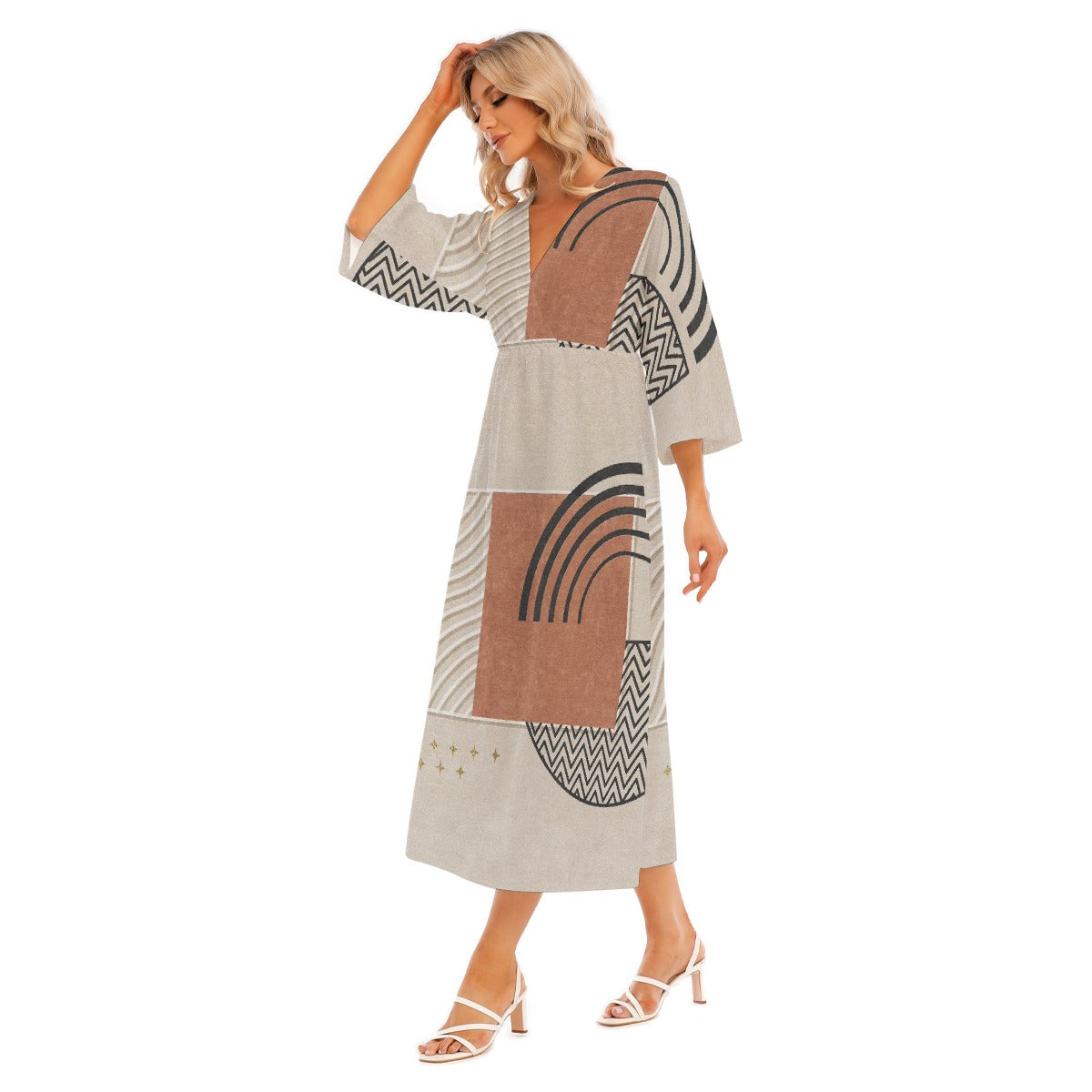 All-Over Print Women's Mid-Sleeve Long Dress