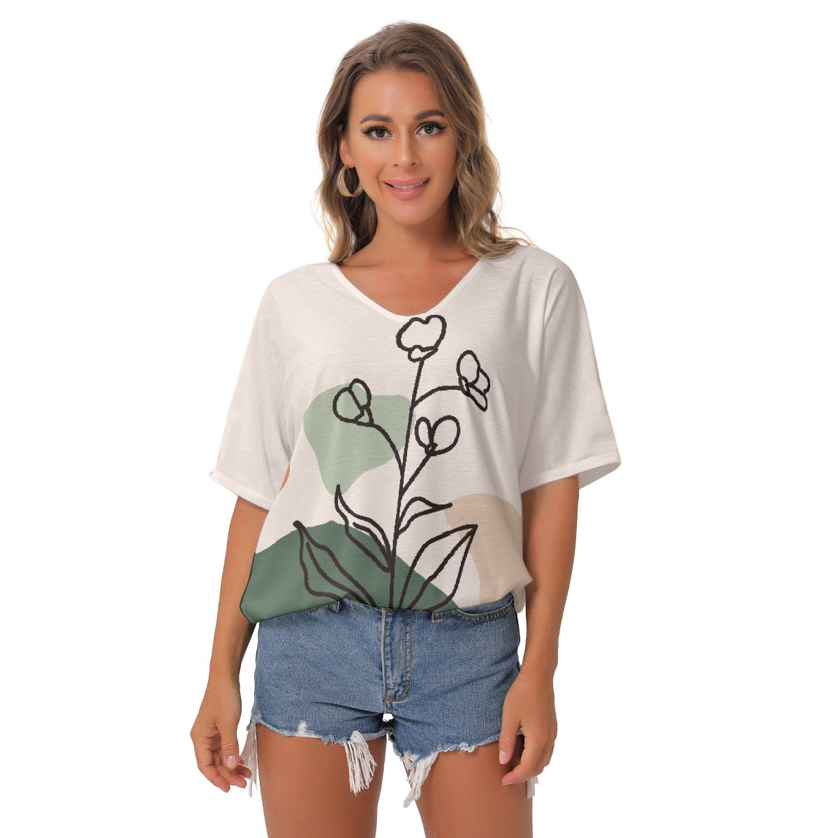 All-Over Print Women's Bat Sleeves V-Neck Blouse