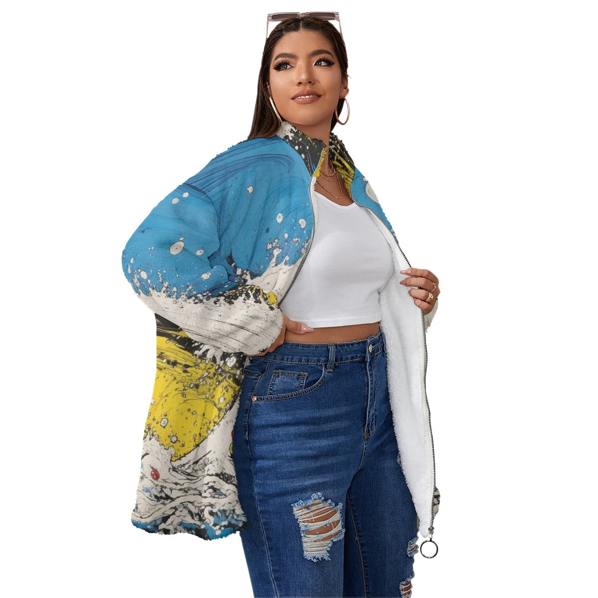 All-Over Print Unisex Borg Fleece Stand-up Collar Coat With Zipper Closure(Plus Size)