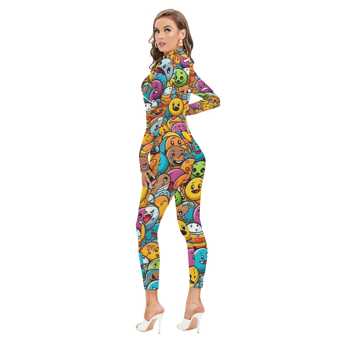 All-Over Print Women's Long-sleeved High-neck Jumpsuit With Zipper