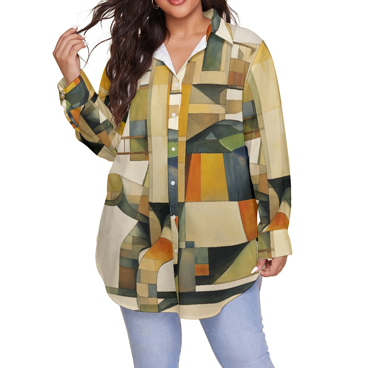 All-Over Print Women's Shirt With Long Sleeve(Plus Size)
