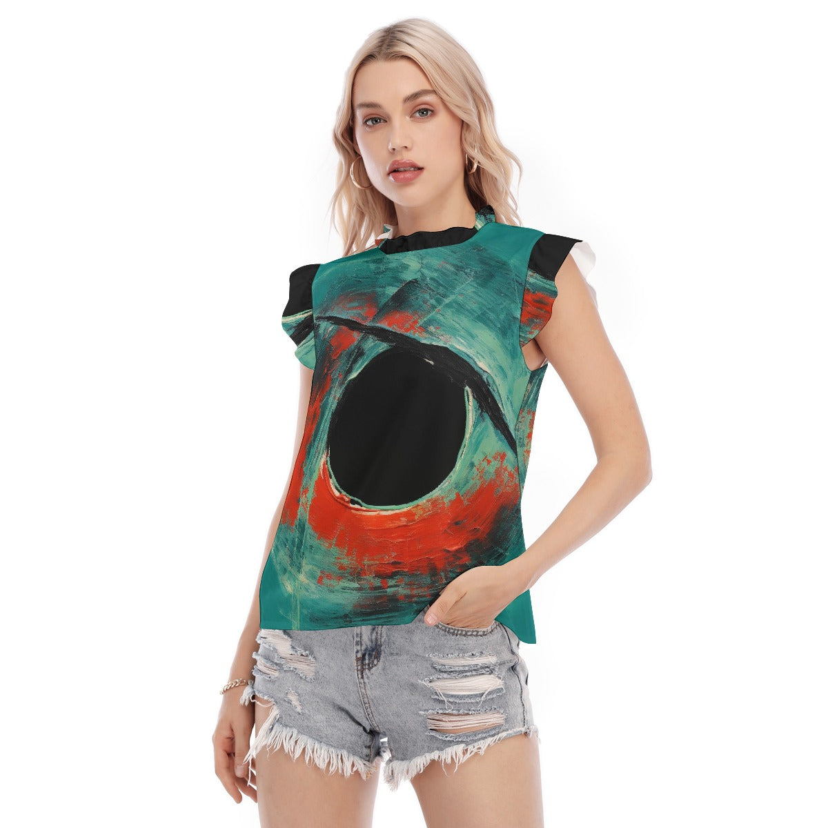 All-Over Print Women's Blouse With Ruffle Collar And Sleeve