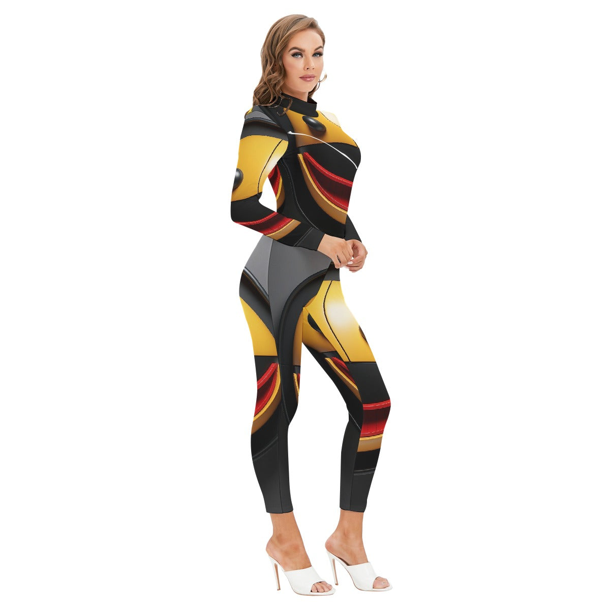 All-Over Print Women's Long-sleeved High-neck Jumpsuit With Zipper