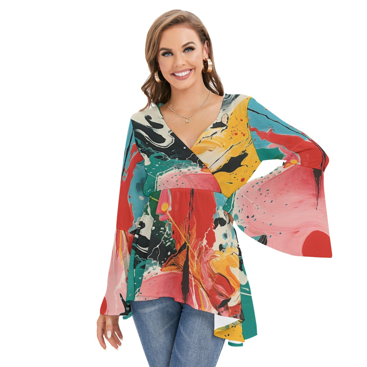 All-Over Print Women's V-neck Blouse With Flared Sleeves