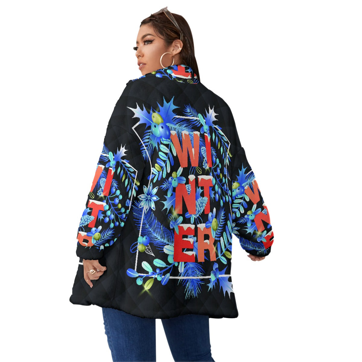 All-Over Print Unisex Borg Fleece Stand-up Collar Coat With Zipper Closure(Plus Size)