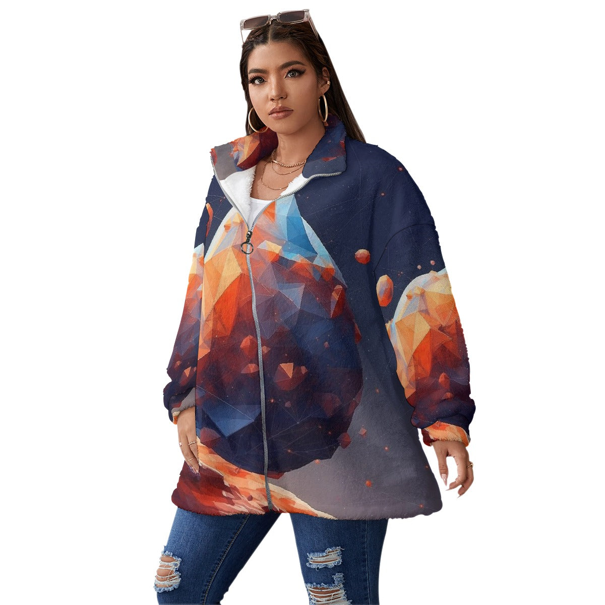 All-Over Print Unisex Borg Fleece Stand-up Collar Coat With Zipper Closure(Plus Size)