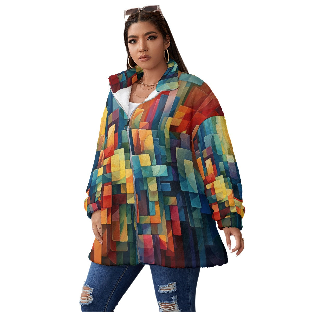 All-Over Print Unisex Borg Fleece Stand-up Collar Coat With Zipper Closure(Plus Size)