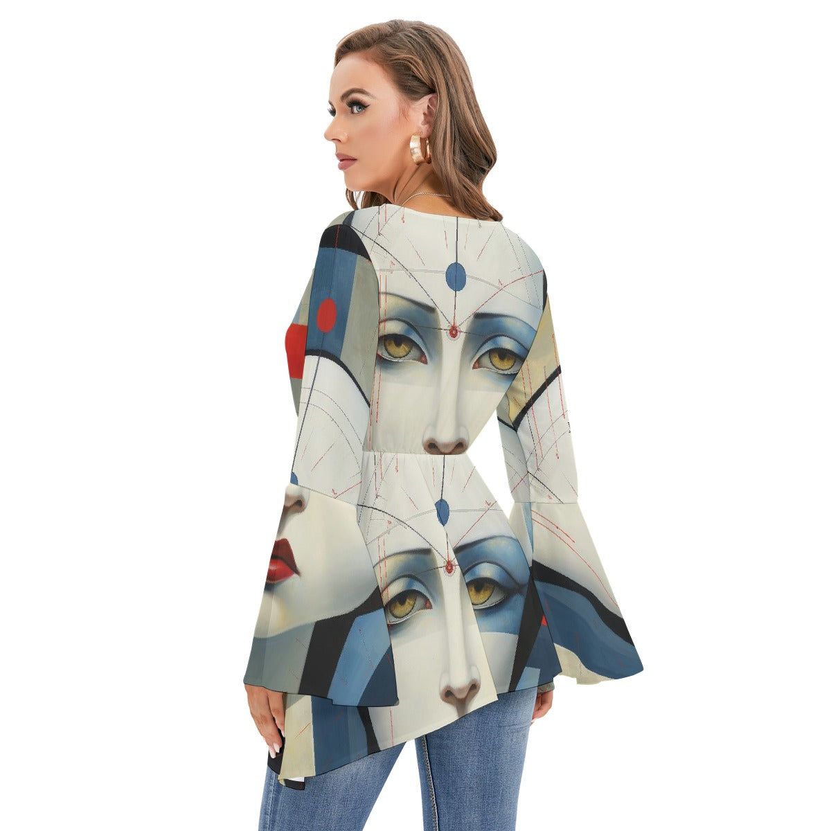 All-Over Print Women's V-neck Blouse With Flared Sleeves