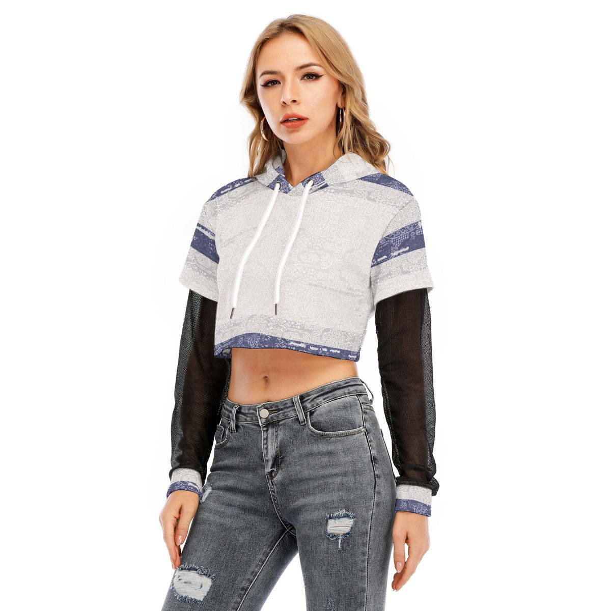 All-Over Print Women's Fake Two-piece Mesh Sleeve Cropped Hoodie