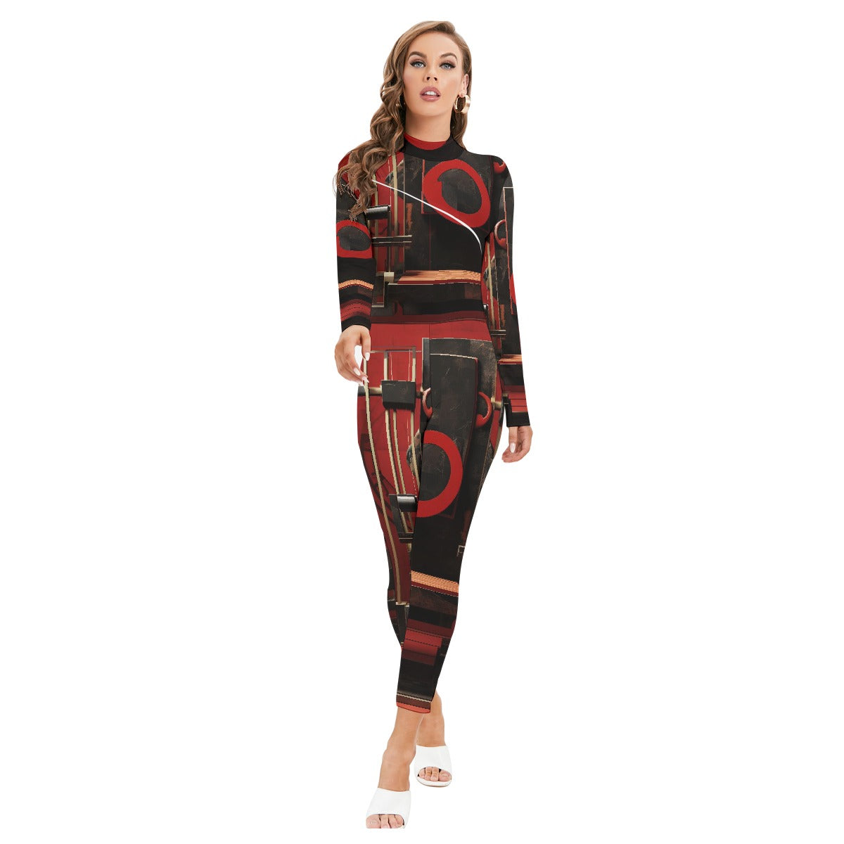 All-Over Print Women's Long-sleeved High-neck Jumpsuit With Zipper