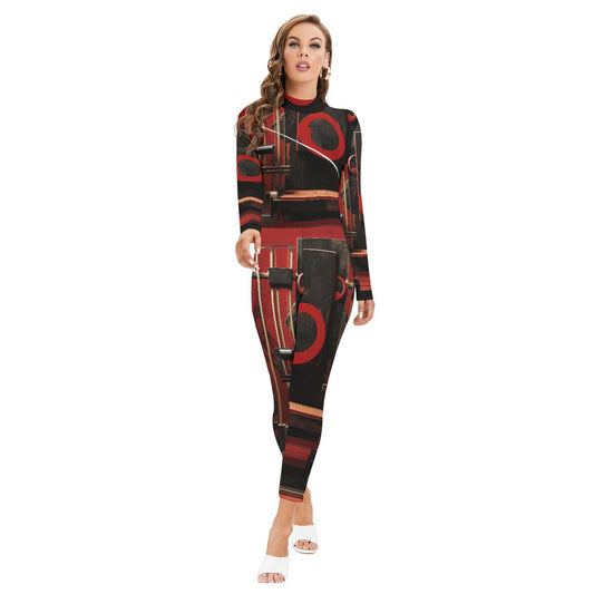 All-Over Print Women's Long-sleeved High-neck Jumpsuit With Zipper