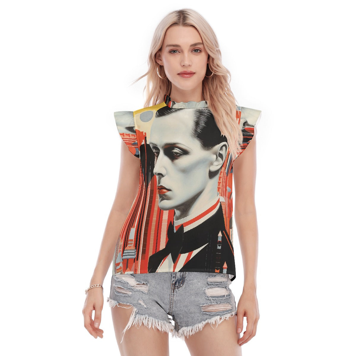 All-Over Print Women's Blouse With Ruffle Collar And Sleeve