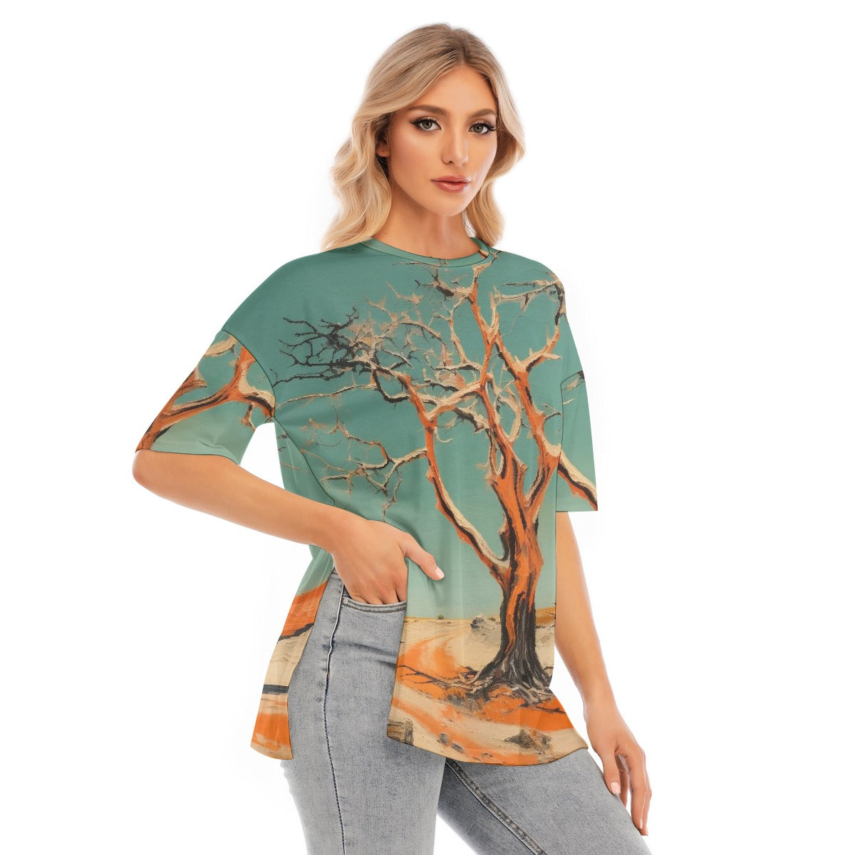 All-Over Print Women's Short Sleeves T-shirt With Hem Split