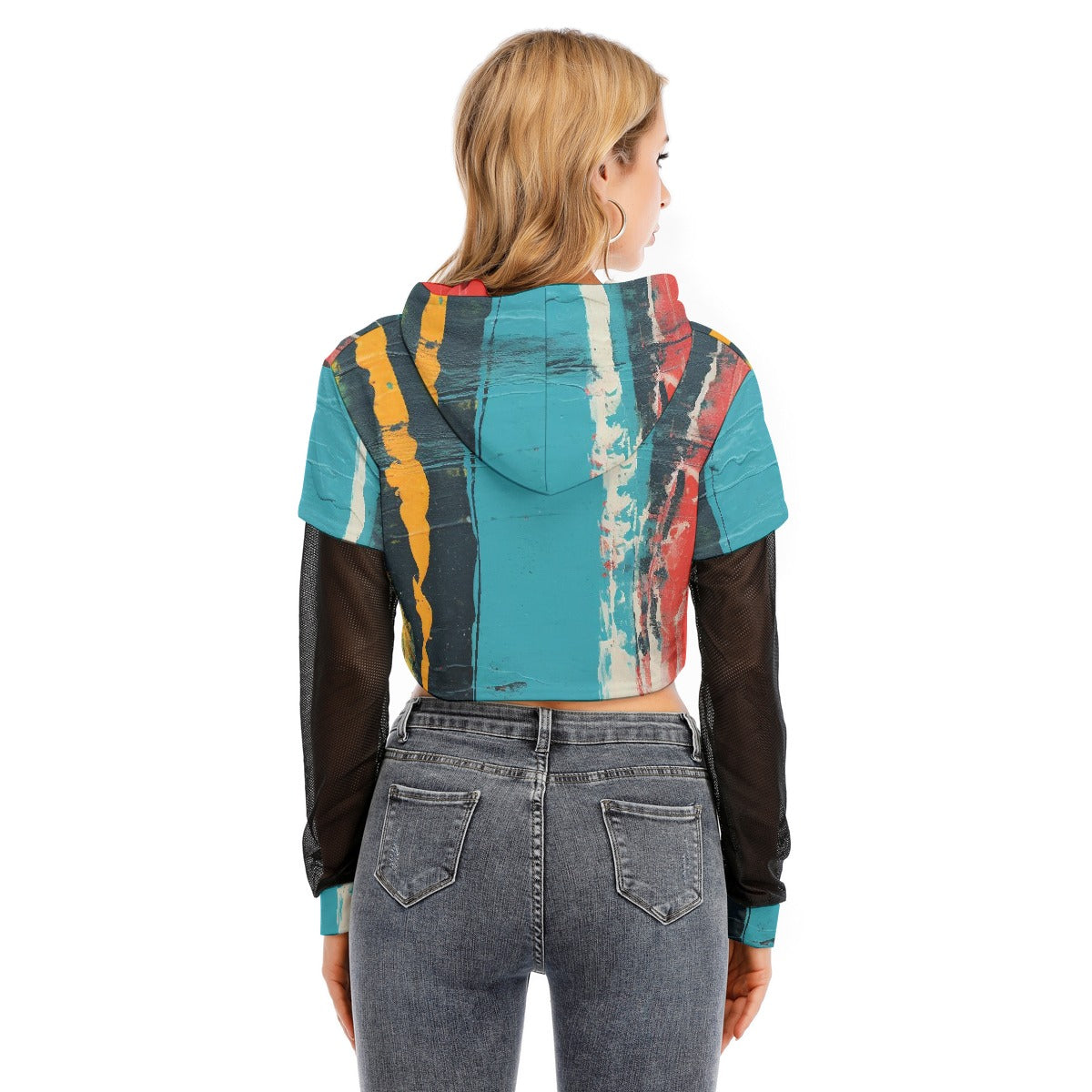 All-Over Print Women's Fake Two-piece Mesh Sleeve Cropped Hoodie