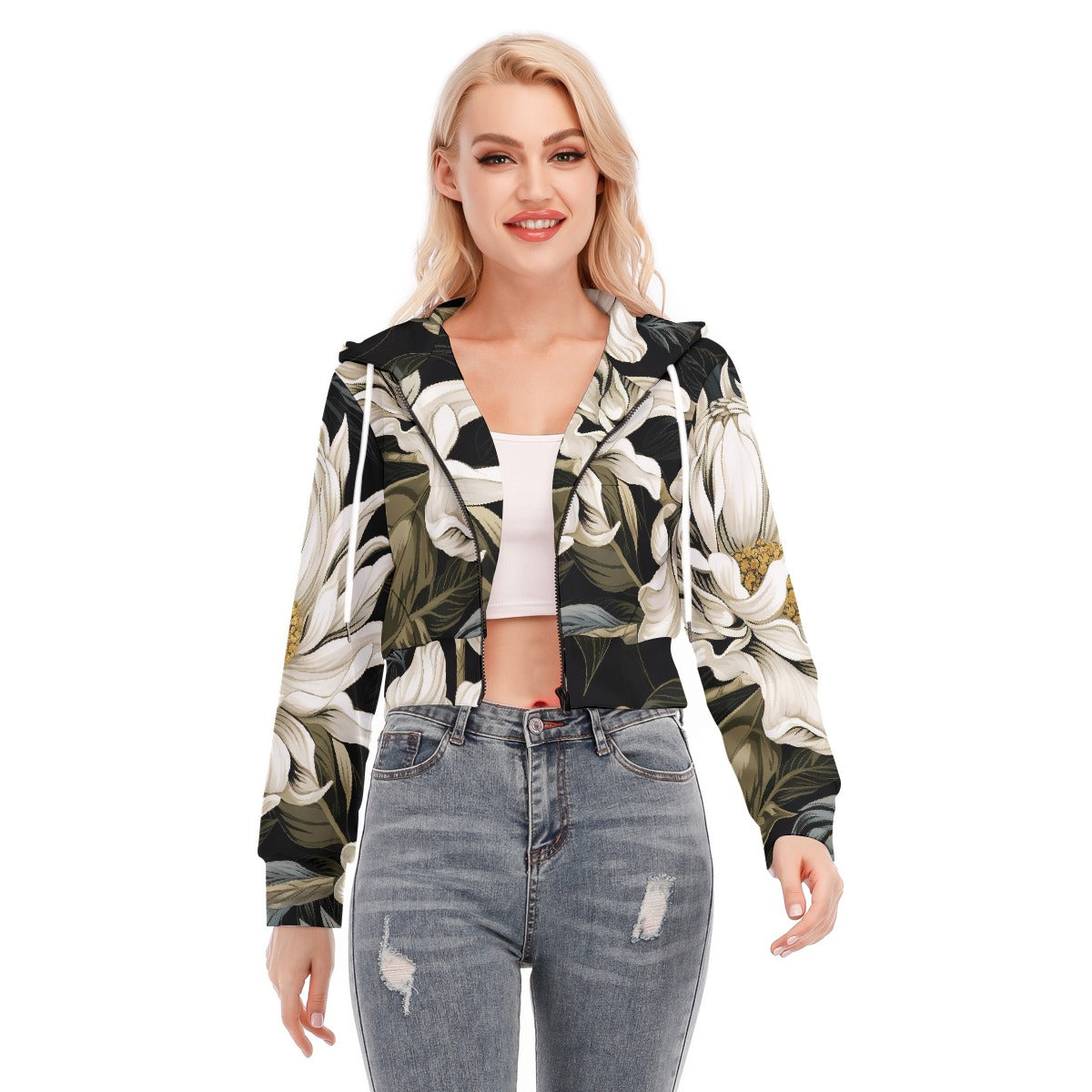 All-Over Print Women's Crop Top Hoodie With Zipper Closure