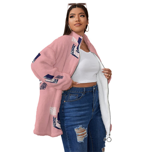All-Over Print Unisex Borg Fleece Stand-up Collar Coat With Zipper Closure(Plus Size)
