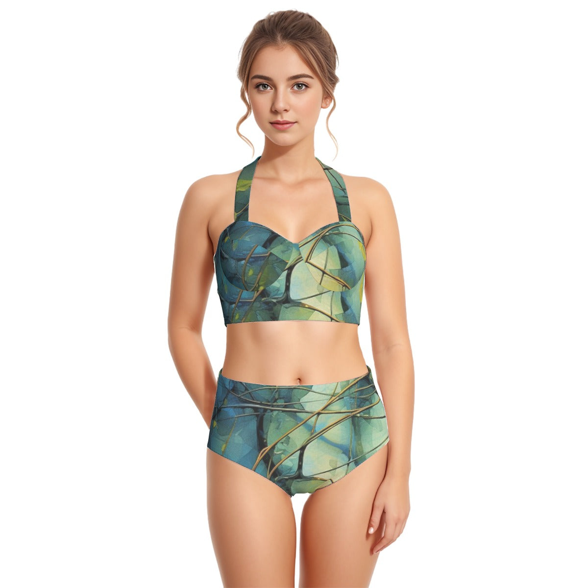 All-Over Print Women's Swimsuit Set With Halter