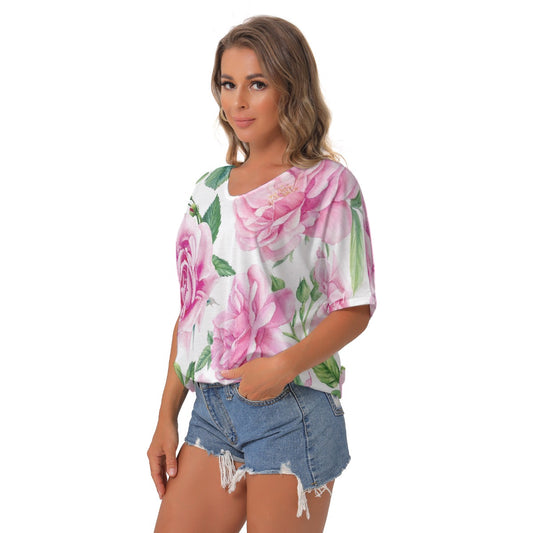 All-Over Print Women's Bat Sleeves V-Neck Blouse