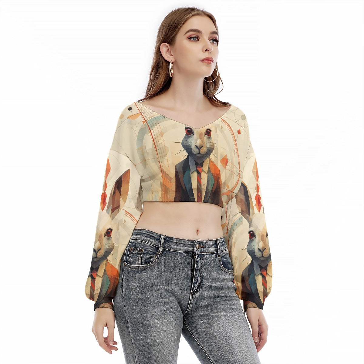 All-Over Print Women's V-neck Long Sleeve Cropped Sweatshirt