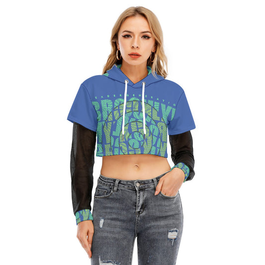 All-Over Print Women's Fake Two-piece Mesh Sleeve Cropped Hoodie