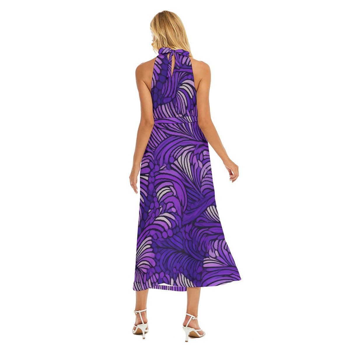 All-Over Print Women's Wrap Hem Belted Halter Dress