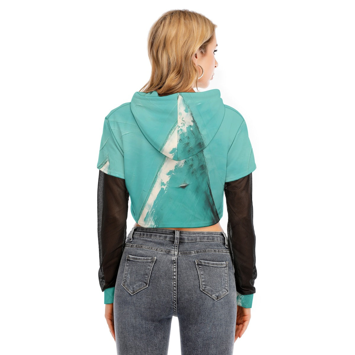 All-Over Print Women's Fake Two-piece Mesh Sleeve Cropped Hoodie