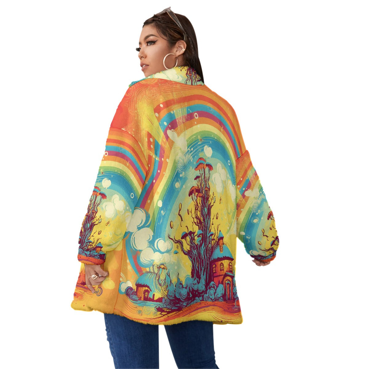 All-Over Print Unisex Borg Fleece Stand-up Collar Coat With Zipper Closure(Plus Size)