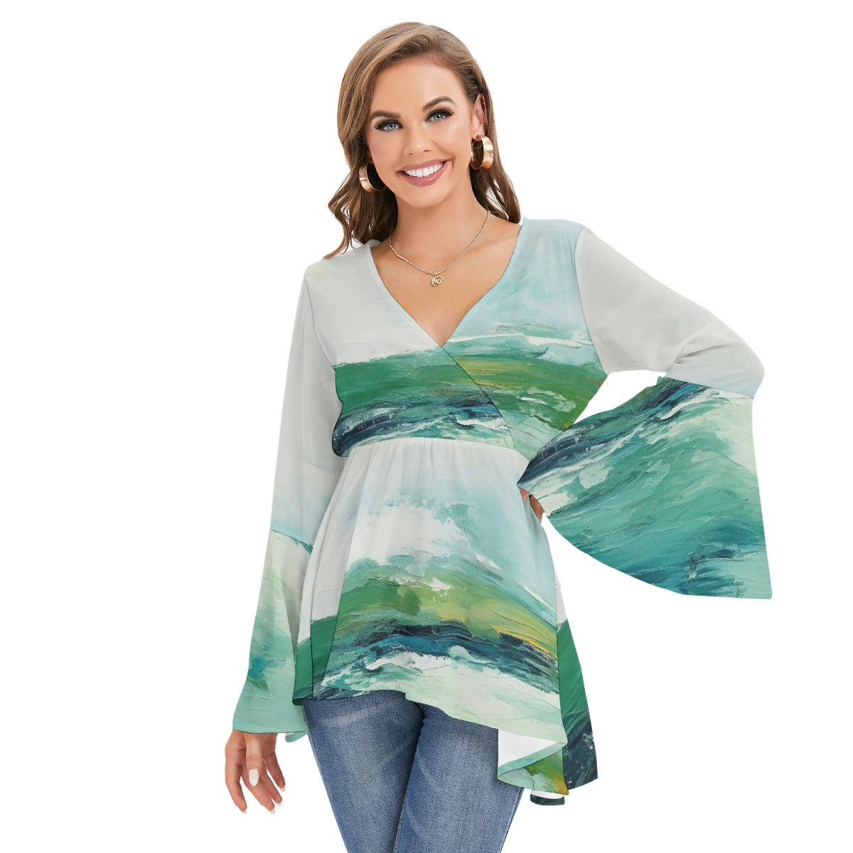 All-Over Print Women's V-neck Blouse With Flared Sleeves