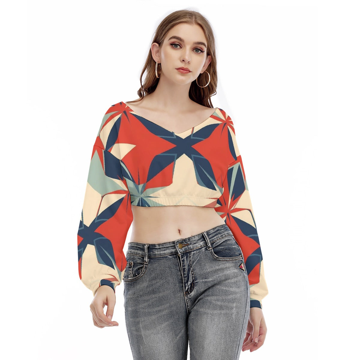 All-Over Print Women's V-neck Long Sleeve Cropped Sweatshirt