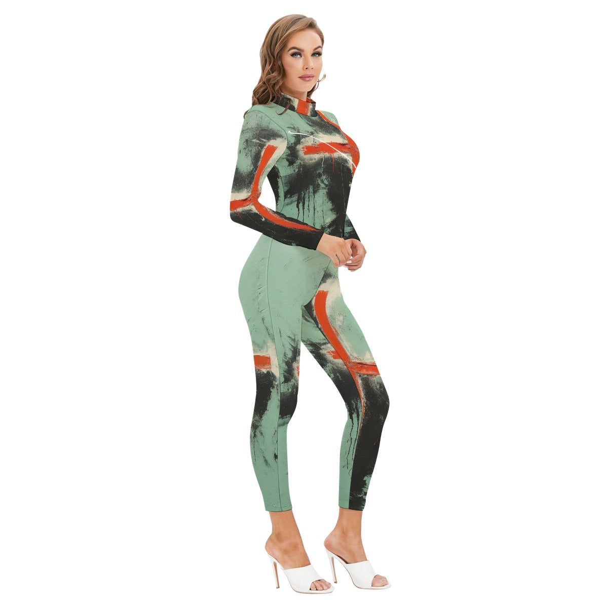 All-Over Print Women's Long-sleeved High-neck Jumpsuit With Zipper