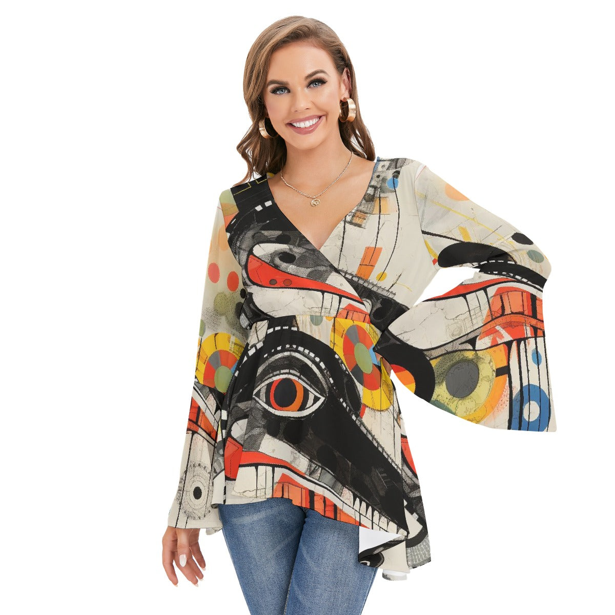 All-Over Print Women's V-neck Blouse With Flared Sleeves
