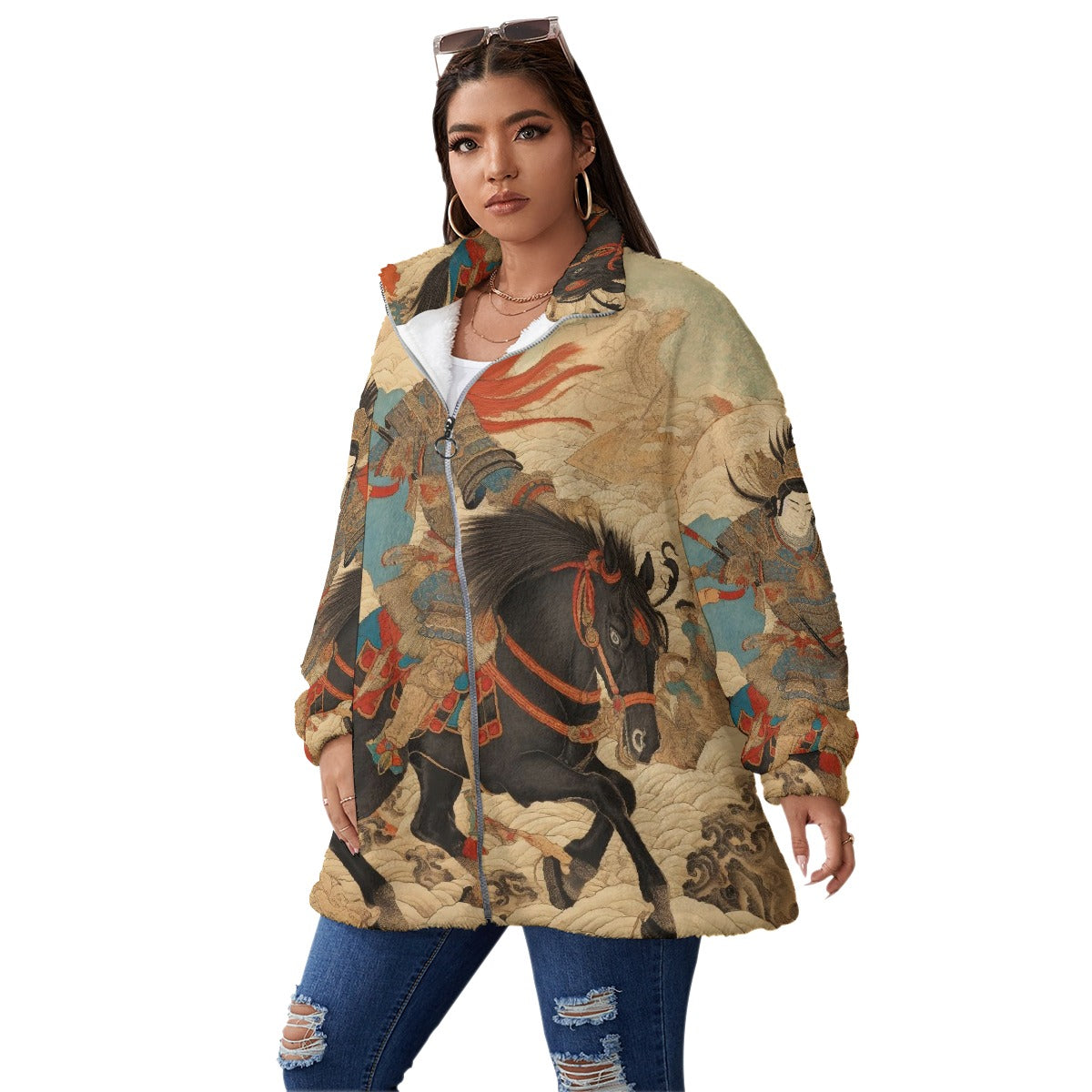 All-Over Print Unisex Borg Fleece Stand-up Collar Coat With Zipper Closure(Plus Size)