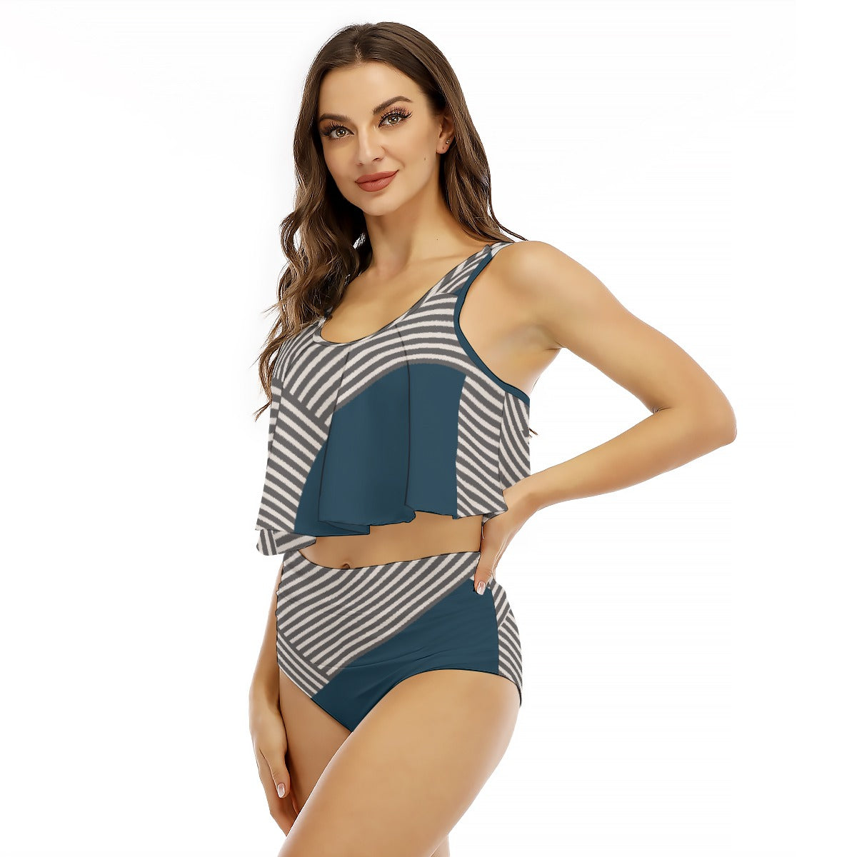 All-Over Print Women's Ruffled Vest Bikini Swimsuit