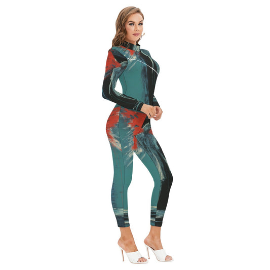 All-Over Print Women's Long-sleeved High-neck Jumpsuit With Zipper
