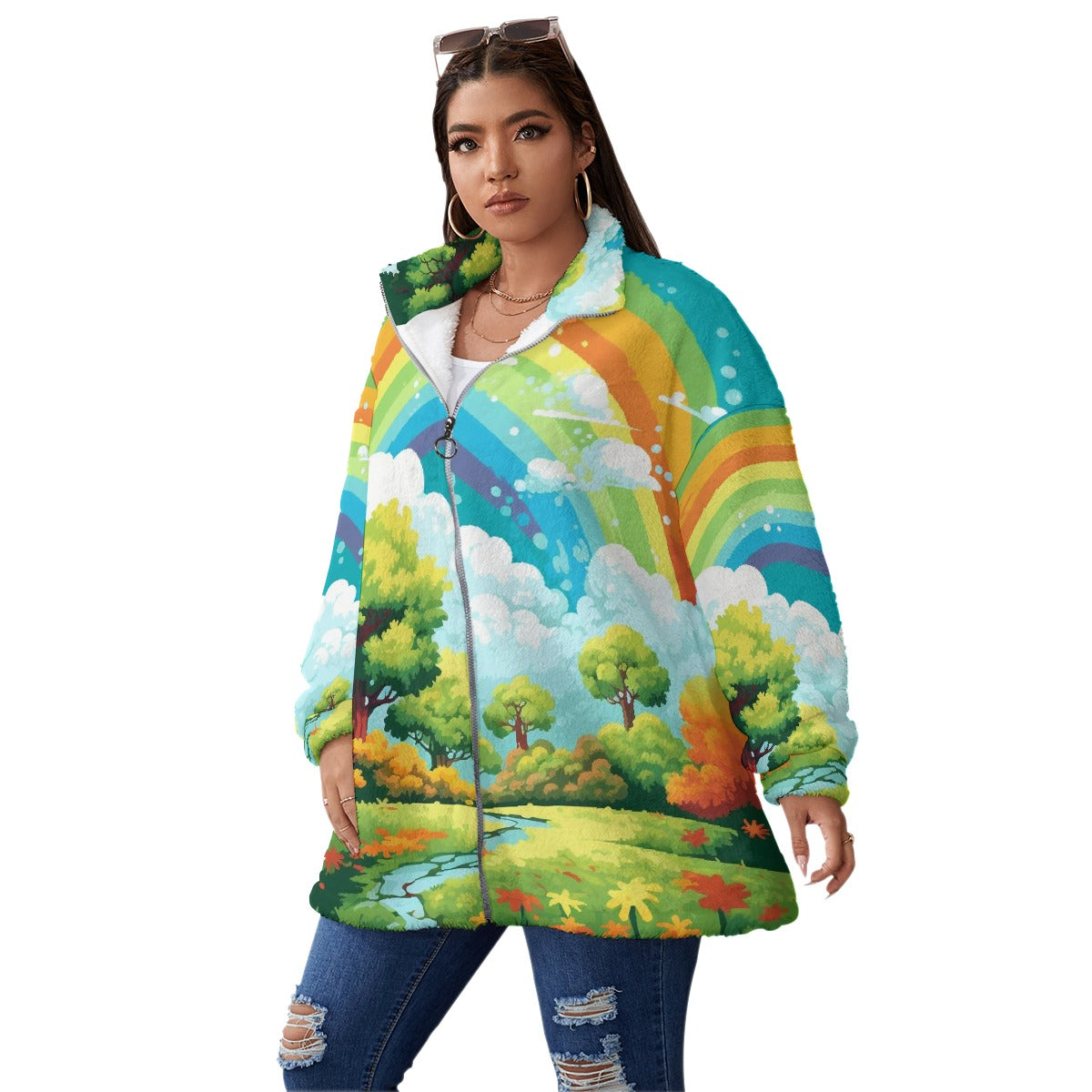 All-Over Print Unisex Borg Fleece Stand-up Collar Coat With Zipper Closure(Plus Size)
