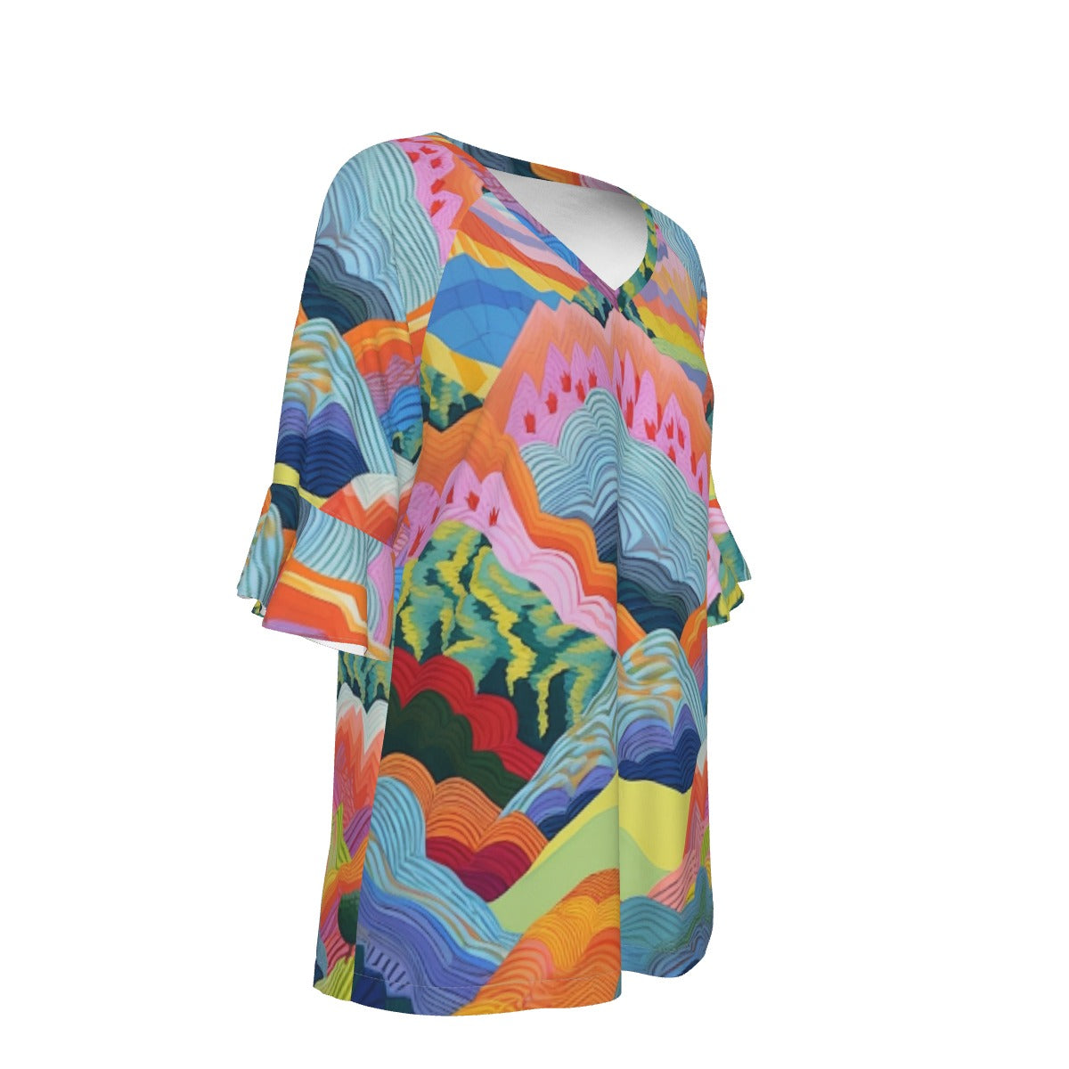 All-Over Print V-neck Women's T-shirt With Bell Sleeve