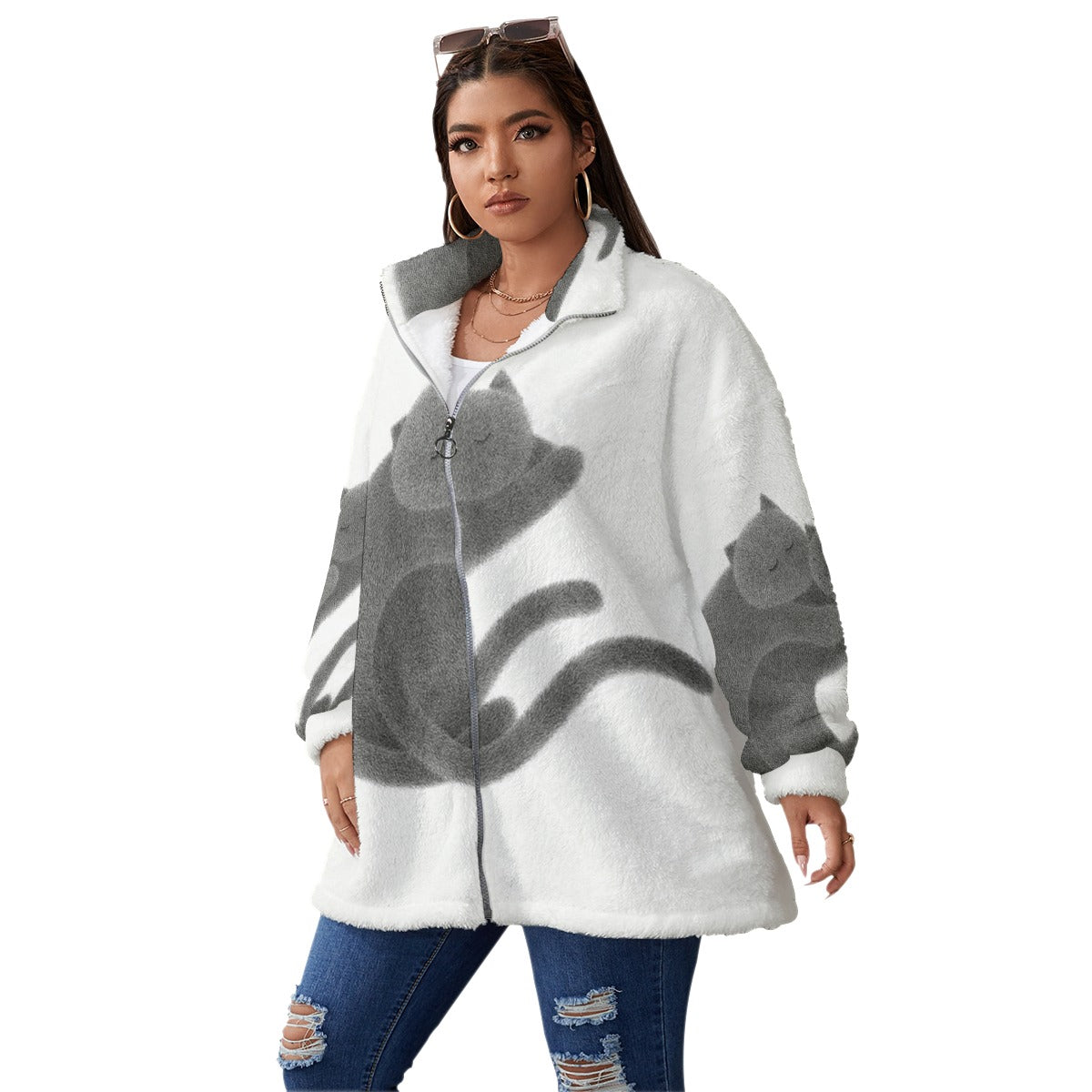 All-Over Print Unisex Borg Fleece Stand-up Collar Coat With Zipper Closure(Plus Size)