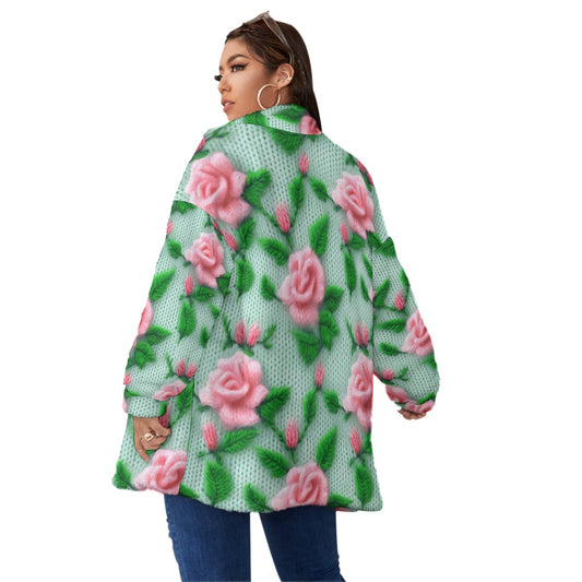 All-Over Print Unisex Borg Fleece Stand-up Collar Coat With Zipper Closure(Plus Size)
