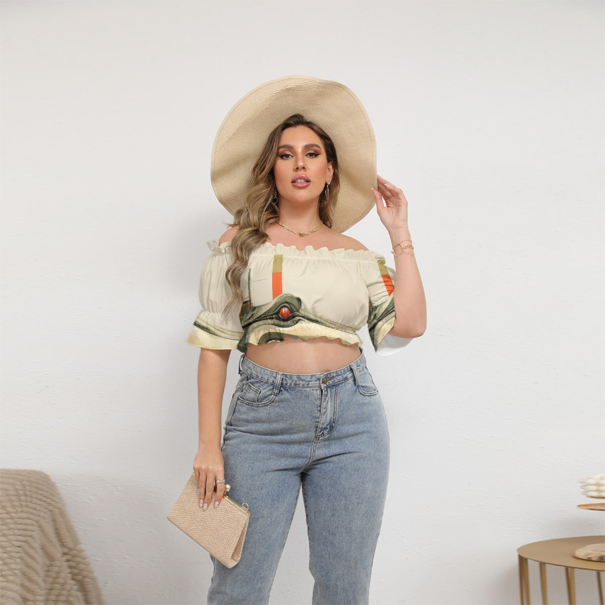 All-Over Print Women's Off-shoulder Cropped Top With Short Puff Sleeve