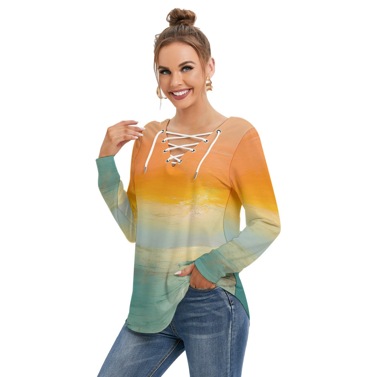 All-Over Print Women's Long Sleeve Neckline Tie Sweatshirt