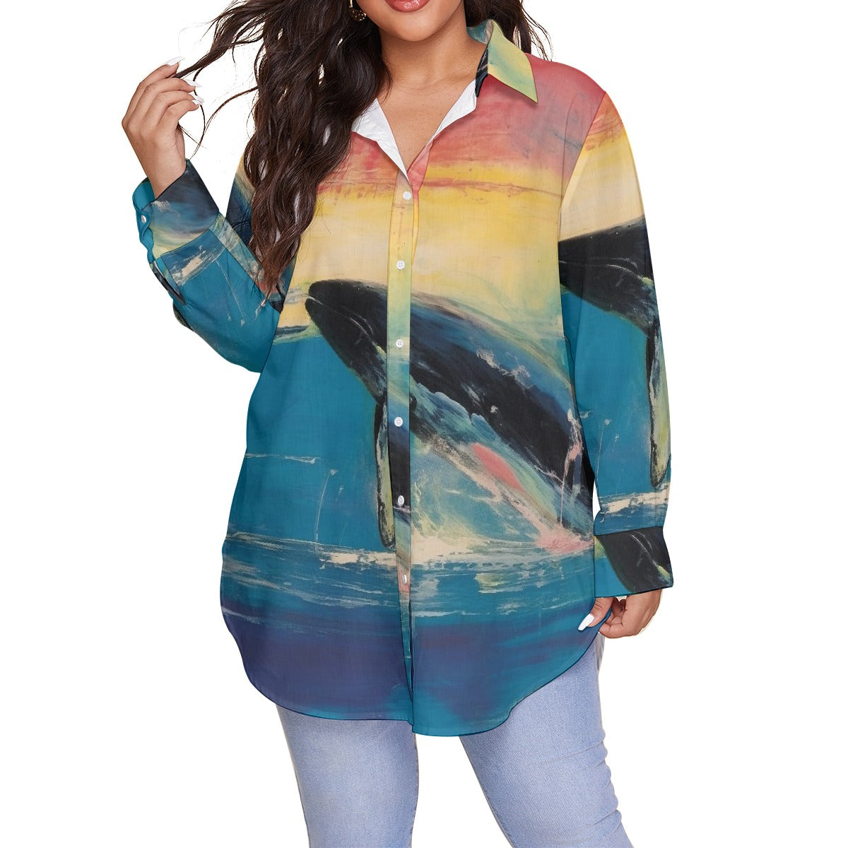 All-Over Print Women's Shirt With Long Sleeve(Plus Size)