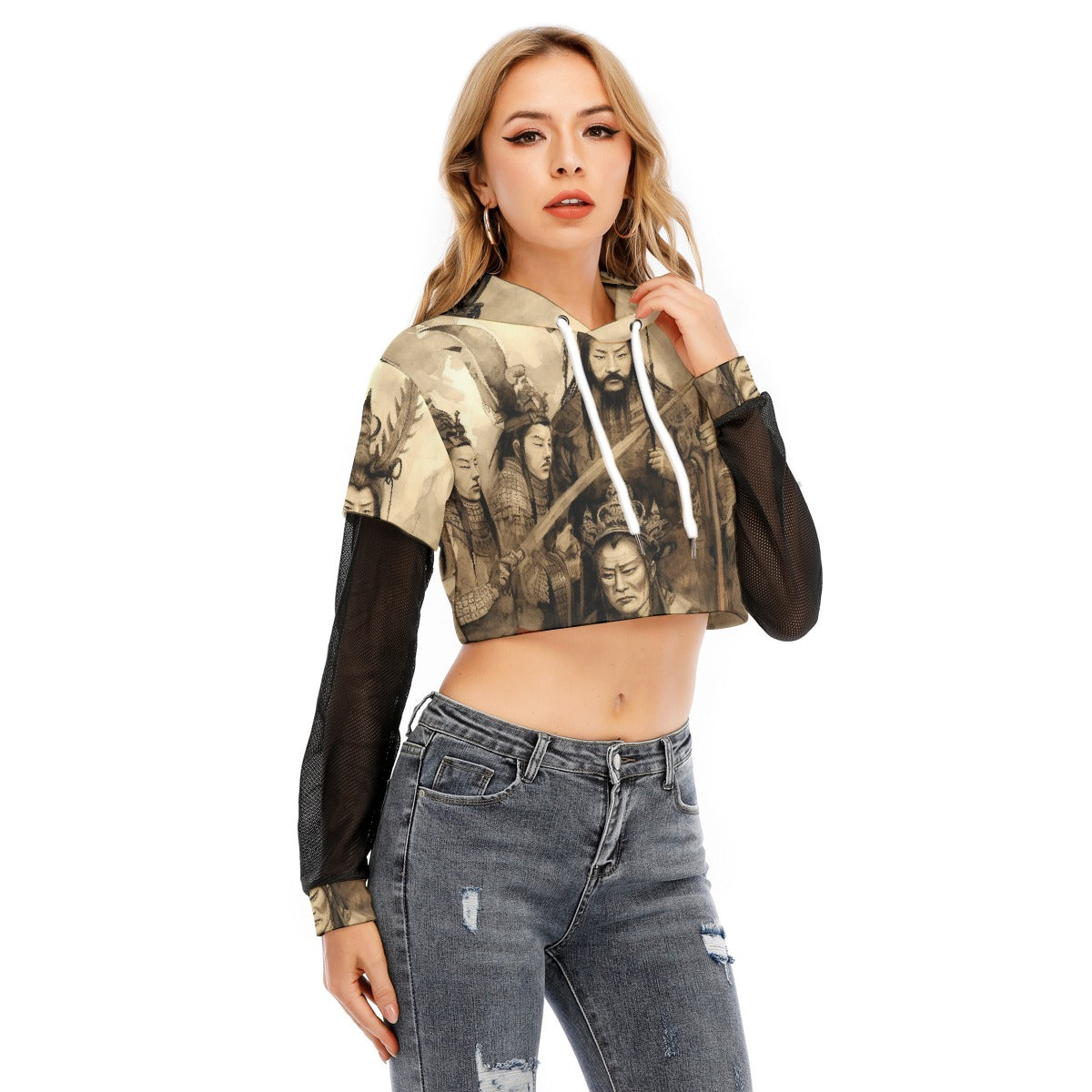 All-Over Print Women's Fake Two-piece Mesh Sleeve Cropped Hoodie