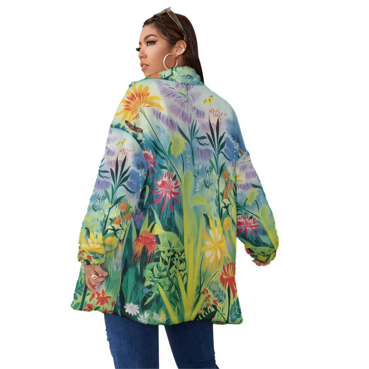 All-Over Print Unisex Borg Fleece Stand-up Collar Coat With Zipper Closure(Plus Size)